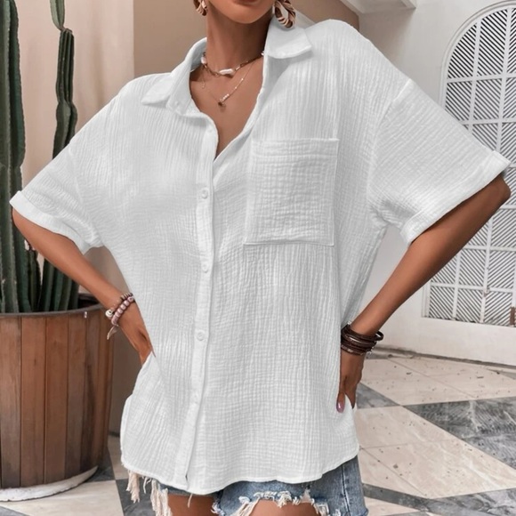 Tops - Oversized Short sleeve pocket button up collared shirt white textured boho